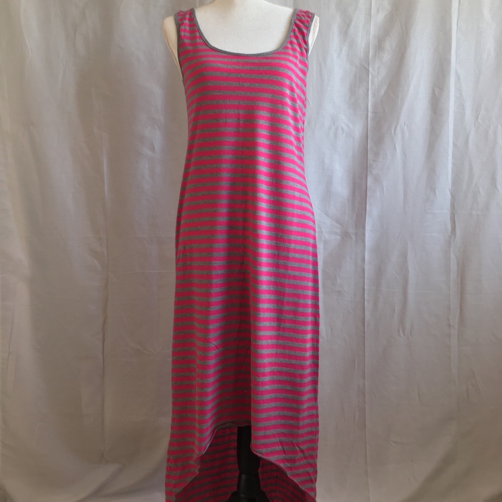Pink & Grey Striped Cotton Blend Hi/Lo Maxi Dress